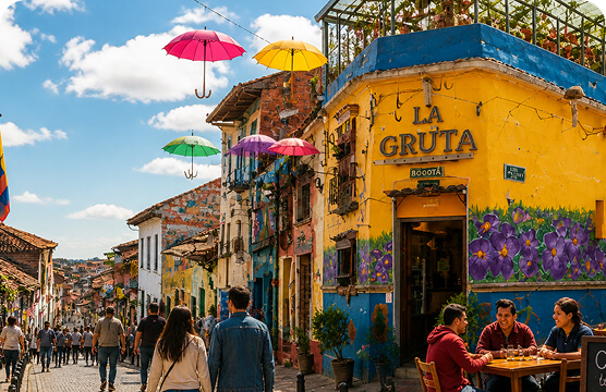 Colorful street in La Candelaria, Bogotá, with decorative umbrellas and tourists walking.