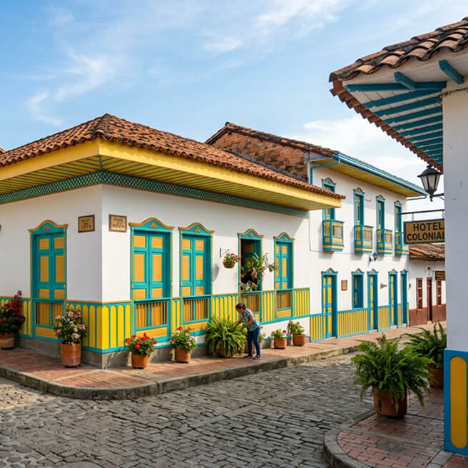 Calle colonial de Santa Fe de Antioquia con arquitectura tradicional.