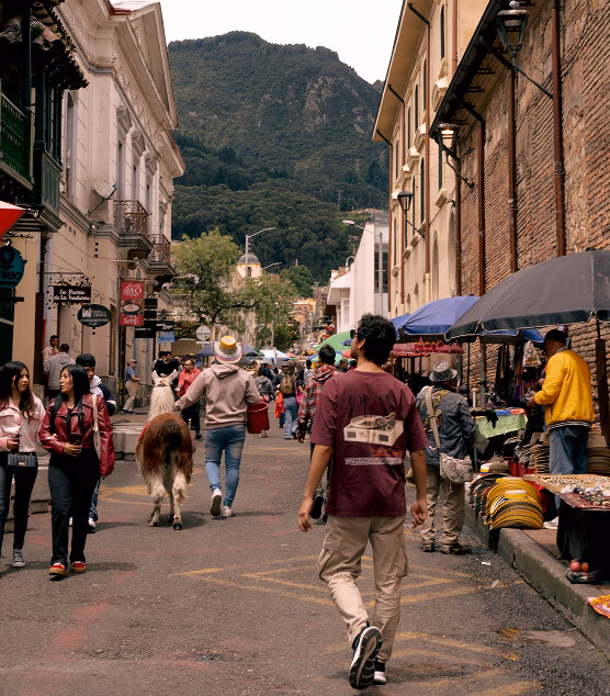 Colonial street in La Candelaria with a llama and tourists walking, mountains in the background.
