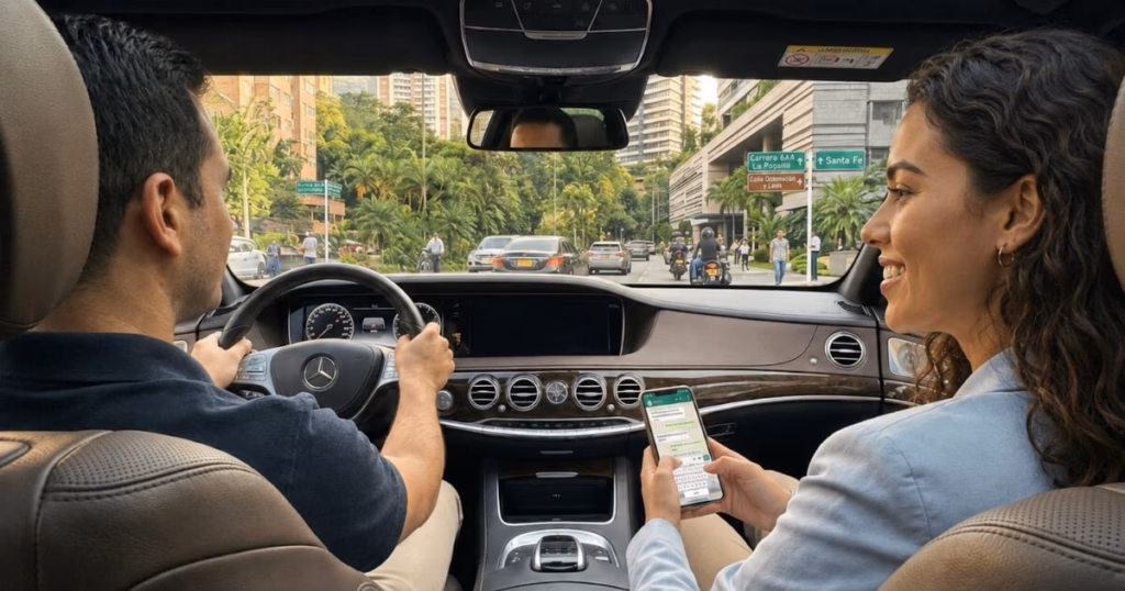 Private driver and client during a Bogotá transfer with bilingual support available.