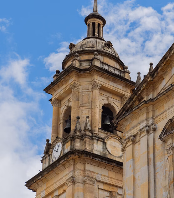 Bell tower of the Primatial Cathedral in Plaza de Bolívar, Bogotá.