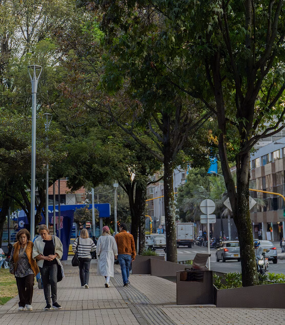 Tree-lined pedestrian street with people walking in a residential area of Bogotá.