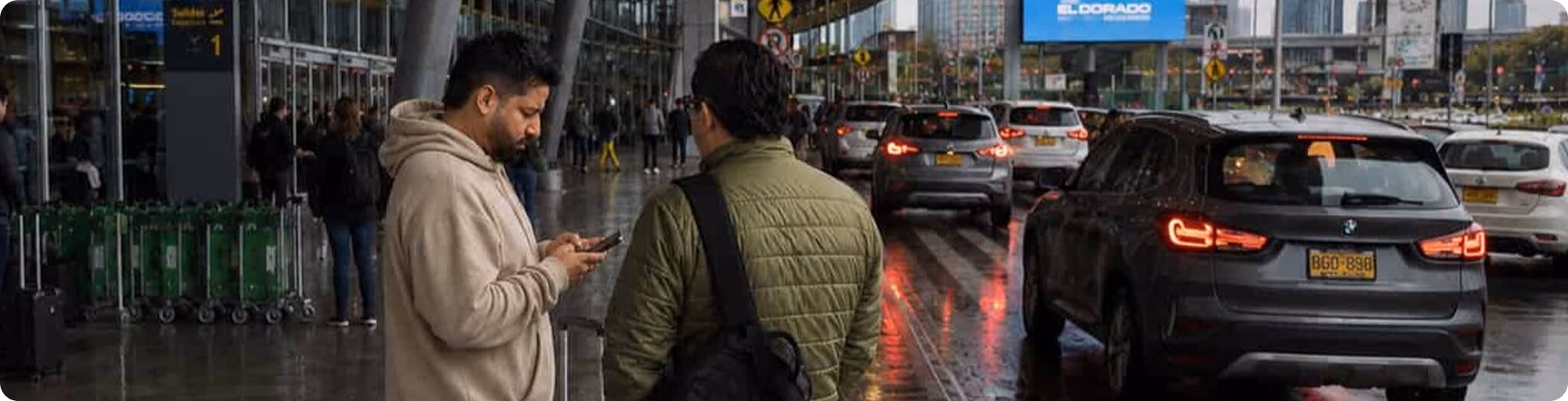 hailing-02 1 Traveler booking a rideshare app at Bogotá El Dorado Airport curbside.