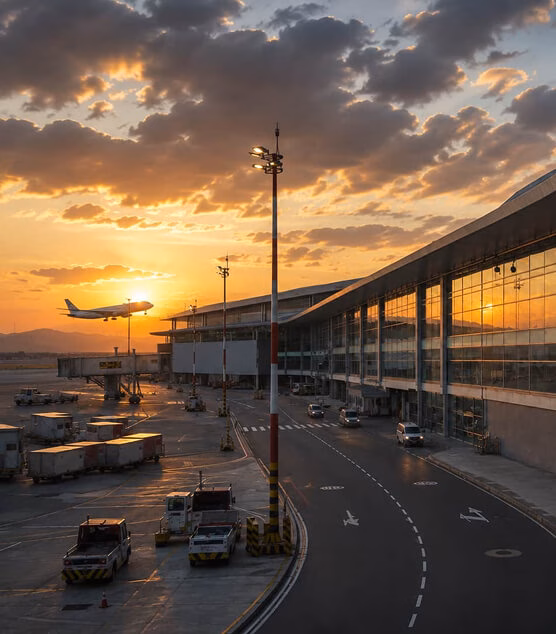Airport terminal at sunset, with a plane taking off in the background.
