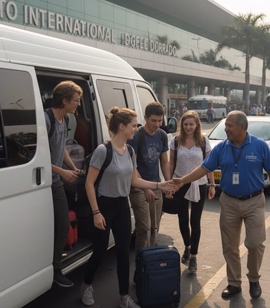 Group of students greeting a driver in front of a van, at El Dorado Airport.
