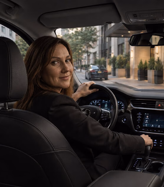 Female driver at the wheel of a vehicle, with a hotel in the background.