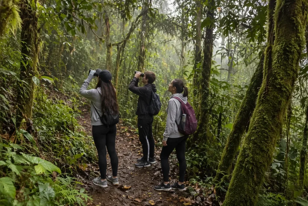 Three visitors using binoculars among moss-covered trees at Chicaque