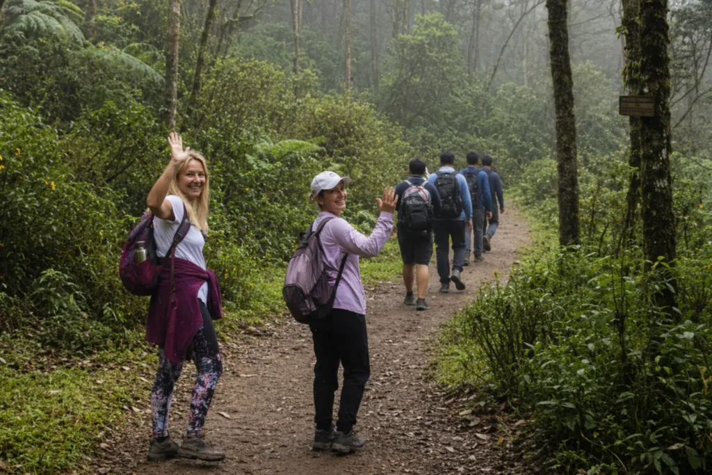 Hikers heading up a misty forest trail in Chicaque Natural Park Hikers heading up a misty forest trail in Chicaque Natural Park
