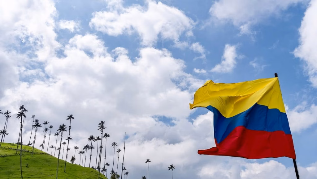 A Colombian flag over the wax palm hills of the Cocora Valley