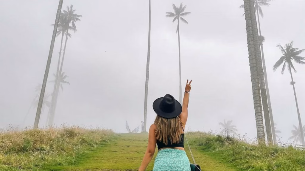 Un viajero entre las palmas de cera del Valle de Cocora en la neblina
