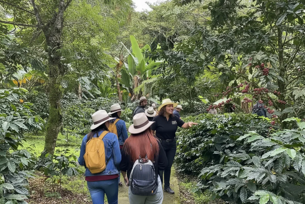 Un guía que conduce a visitantes con sombreros de paja entre arbustos de café cargados de frutos rojos