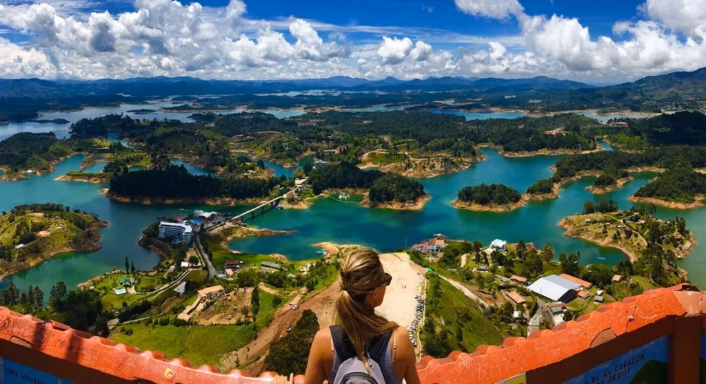 Panorama of the Guatapé reservoir and its green peninsulas seen from the summit of El Peñol