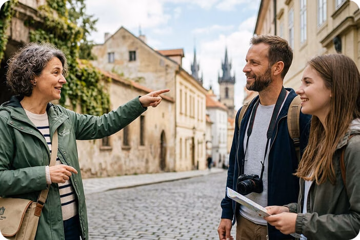 guide-over-driver-mobile Tour guide pointing out a landmark to a couple of travelers on a cobblestone European street.