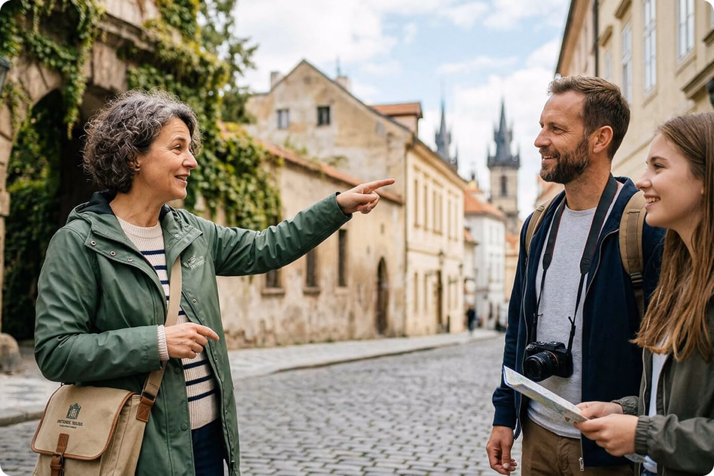 guide-over-driver Tour guide pointing out a landmark to a couple of travelers on a cobblestone European street.