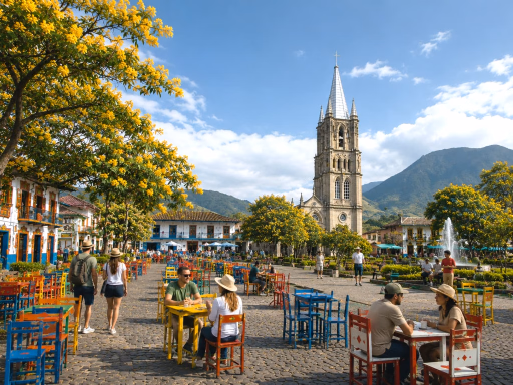 The neo-Gothic basilica tower above Jardín's plaza with palms and green mountains behind