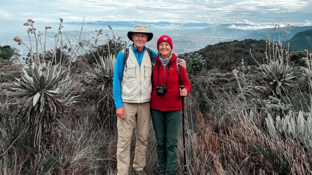 Two hikers standing among frailejon plants on the Las Moyas route