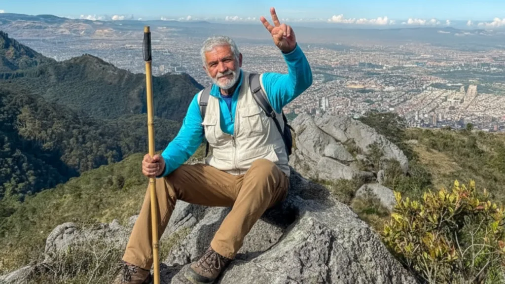 A hiker with a walking stick on the rocks above the Bogota skyline