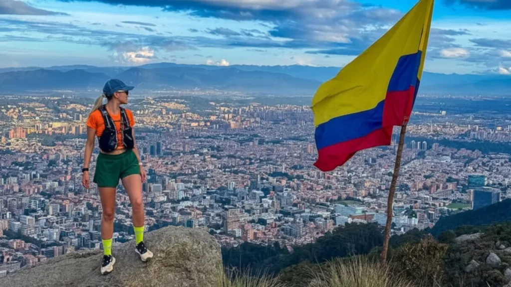 Un excursionista junto a una bandera colombiana en la cuchilla de Las Moyas, sobre Bogotá Un excursionista junto a una bandera colombiana en la cuchilla de Las Moyas, sobre Bogotá