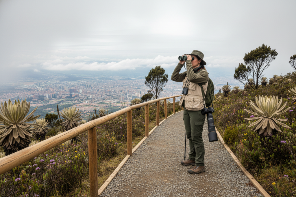 A birder scanning with binoculars from a Monserrate trail above Bogota