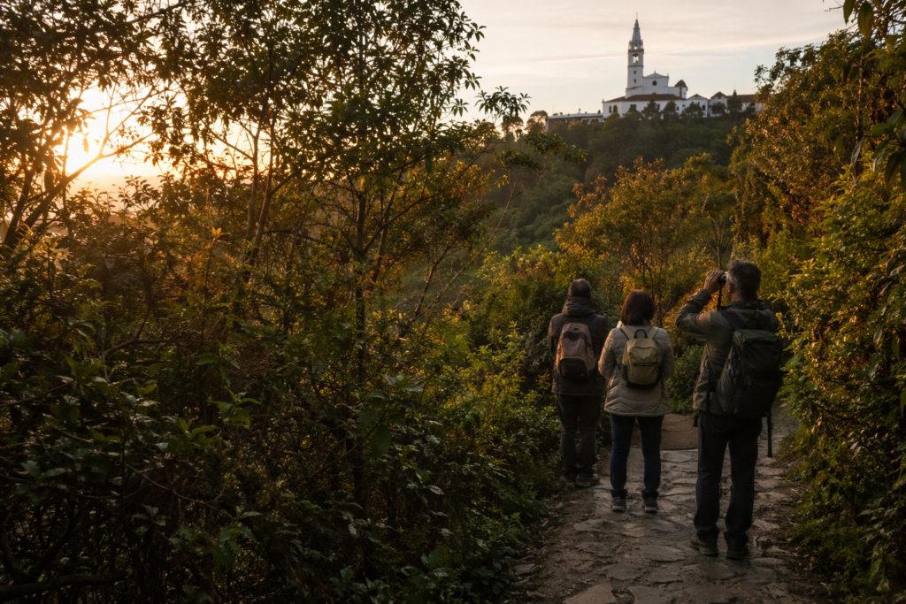 Birders walking a wooded path at dawn below the Monserrate sanctuary
