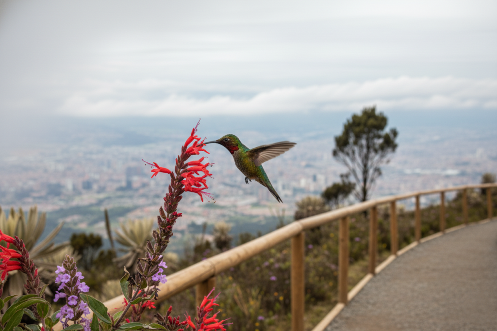 A hummingbird feeding at a red flower on the Monserrate slope above Bogota
