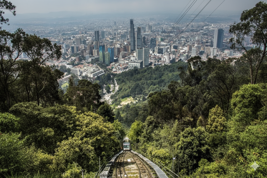 The funicular track running down through forest with Bogota spread out below