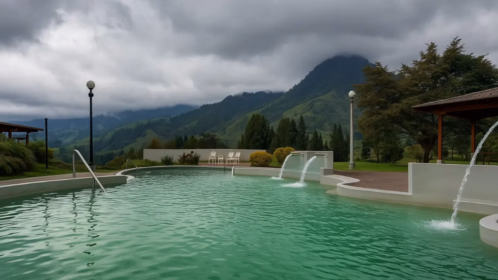 Una piscina termal al aire libre en las aguas termales Otono con vistas a la montaña