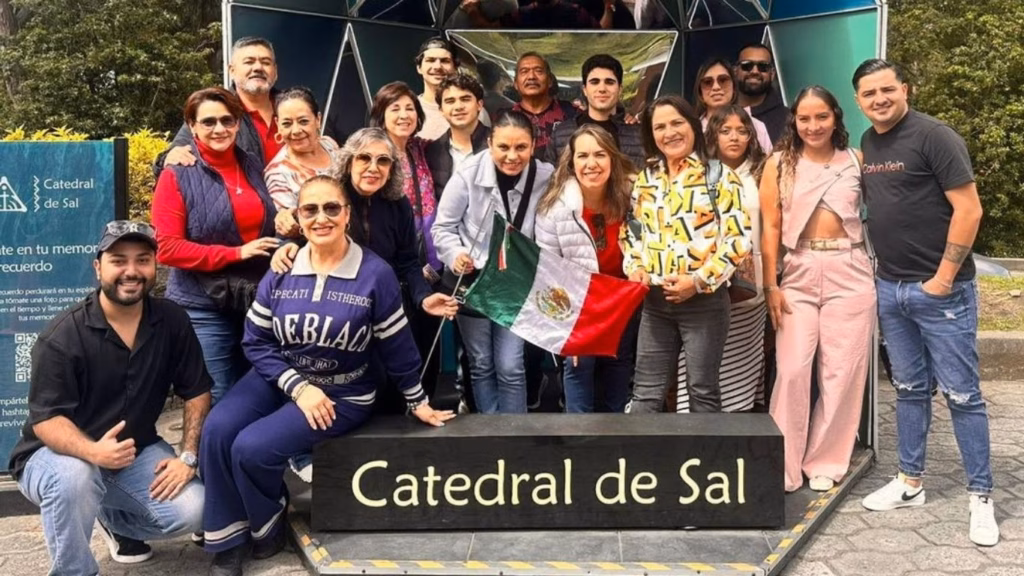Travelers at the entrance of the Salt Cathedral of Zipaquira