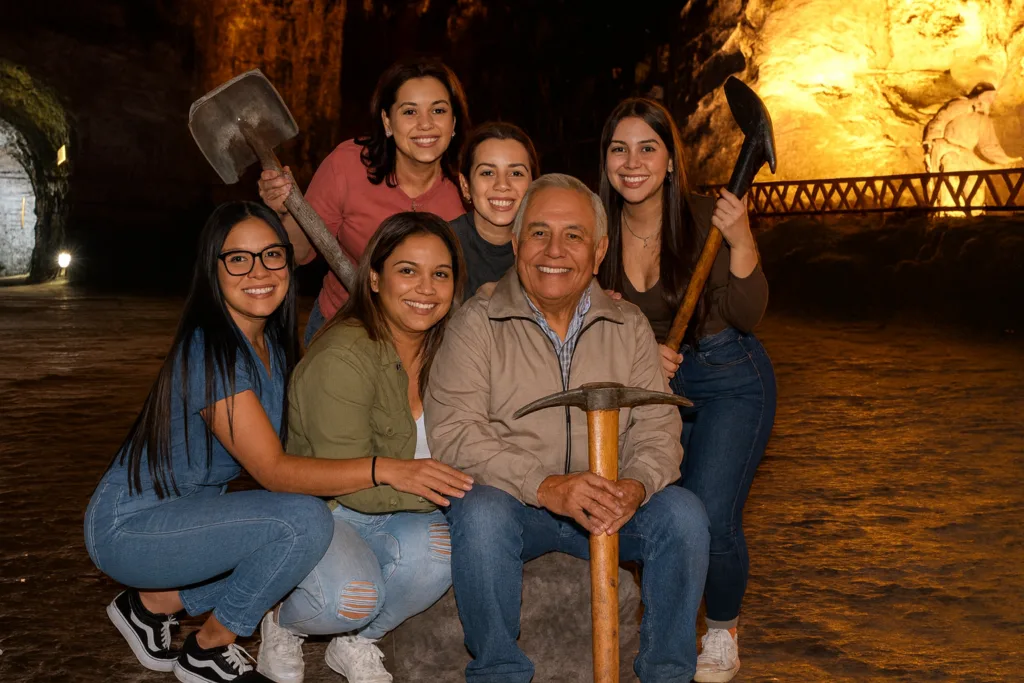 A group holding miners tools inside the Zipaquira salt mine