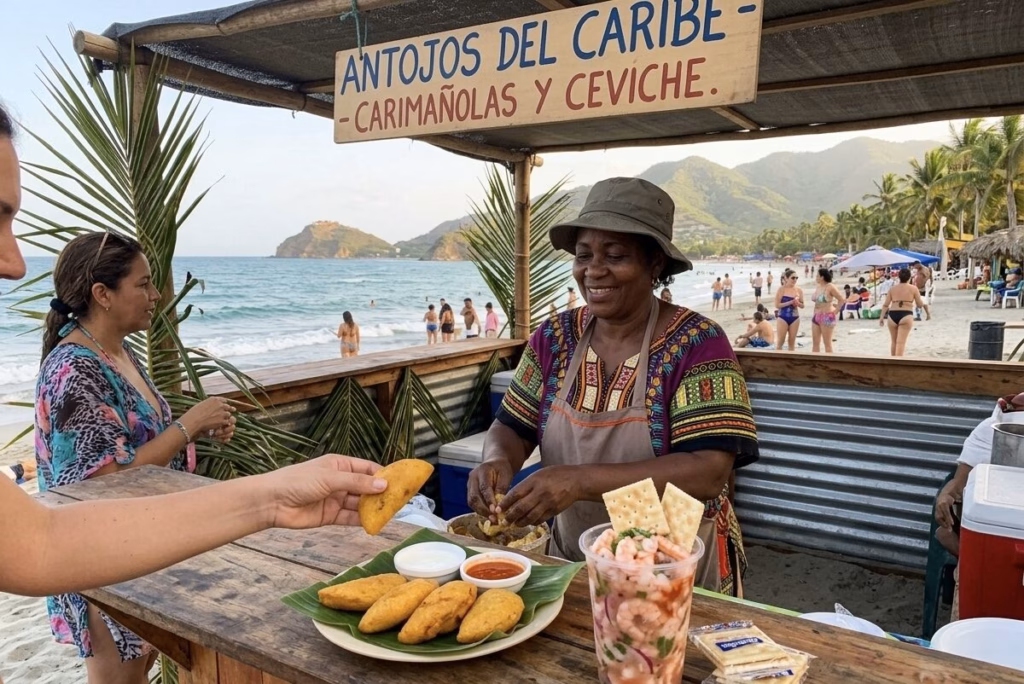 Un vendedor de comida caribeña que sirve carimañolas y ceviche cerca de Santa Marta