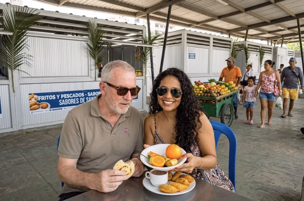 Tasting fried snacks at a stall in the Santa Marta public market