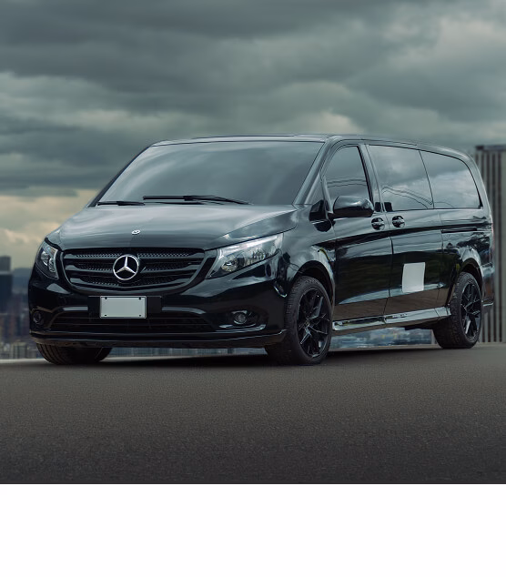 Black Mercedes-Benz van parked with the city skyline in the background under a cloudy sky.