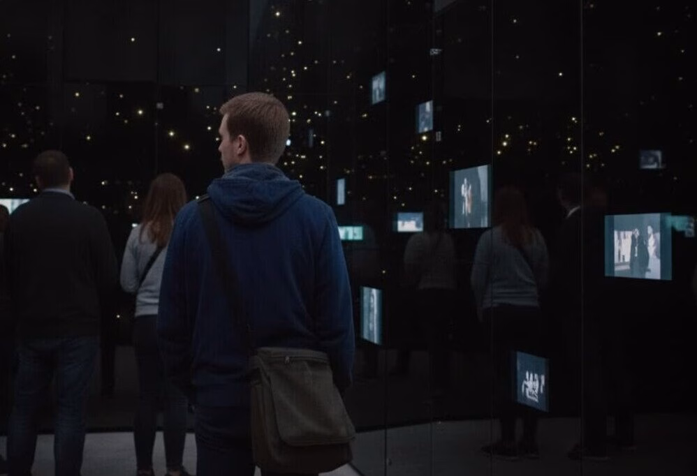 Visitantes observando pantallas de testimonios en video iluminadas en una sala de museo oscura